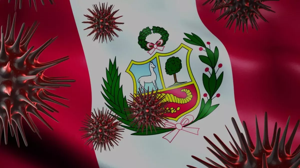 Eine grafische Darstellung des Coronavirus mit peruanischer Flagge im Hintergrund