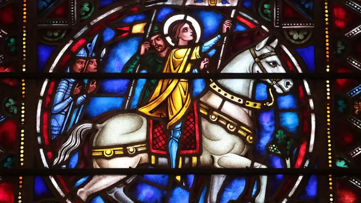 Jeanne d'Arc auf einem Pferd. Glasmalereifenster. St. Bartholomäus-Bischofskirche. New York. Usa. Nordamerika. USA (Symbolbild)