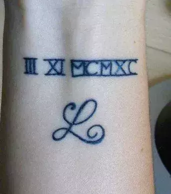 Tattoos für Frauen: Tattoo auf dem Handgelenk einer Frau mit römischen Ziffern und einem Buchstaben